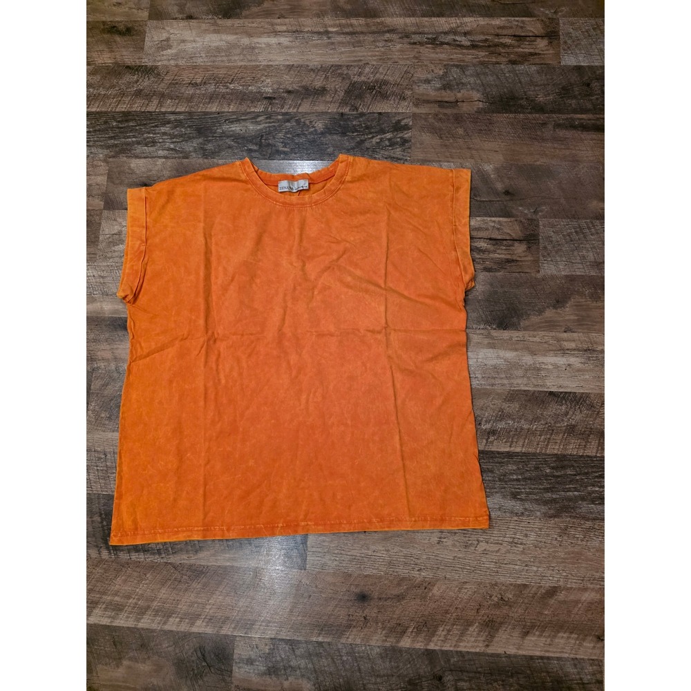 Zenana Orange Acid Wash Muscle Tee Sleeveless Crew Neck Boxy Top Large